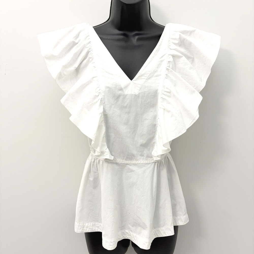 Trina Turk Ruffle Peplum Top V-Neck Sleeveless Small White